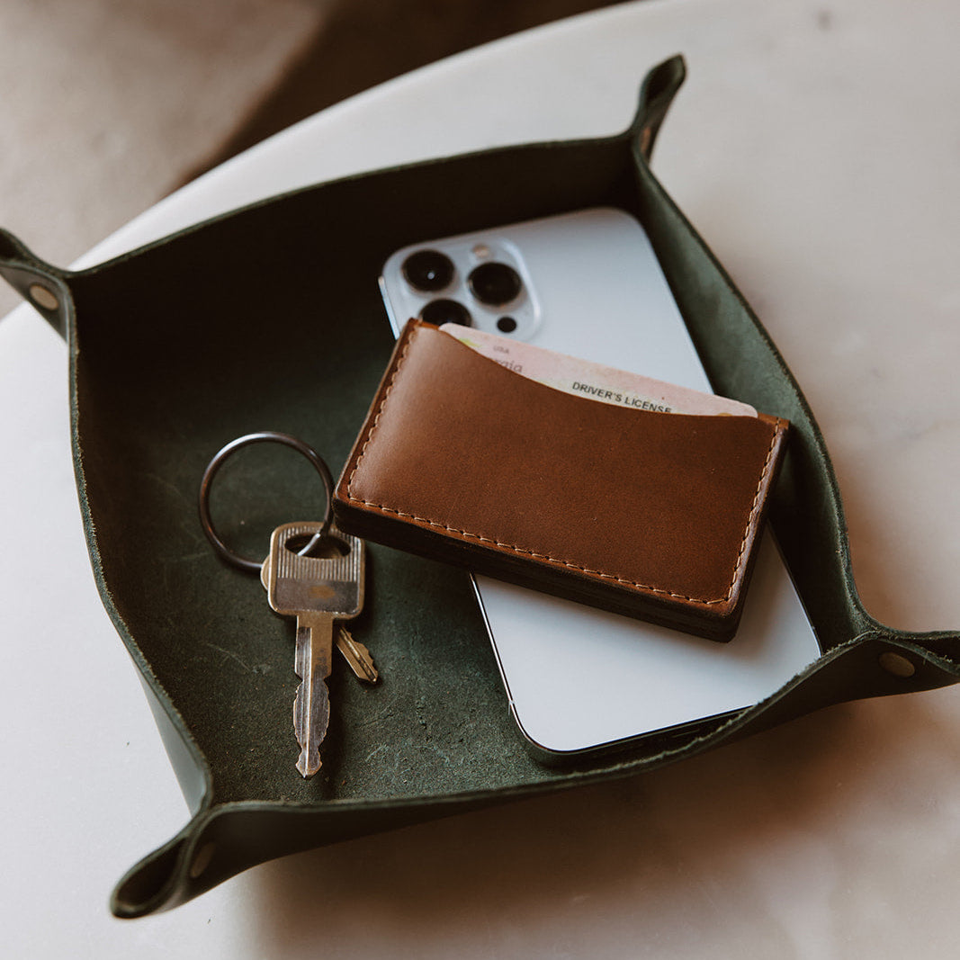 Green Leather Valet Catch All Tray